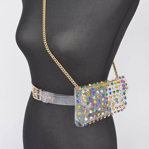 HANDBAG-Rhinestone Clear Belt Bag W/Chain
