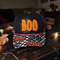 HAT-FALL-TRUCKER-BOO-ON BLACK HAT W/PUMPKINS