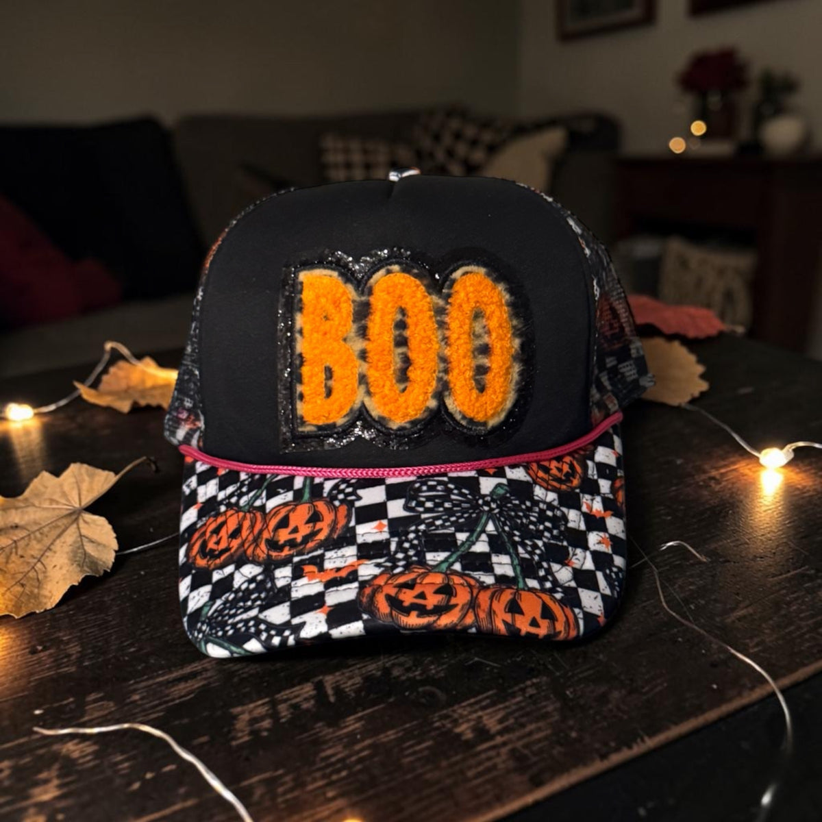 HAT-FALL-TRUCKER-BOO-ON BLACK HAT W/PUMPKINS