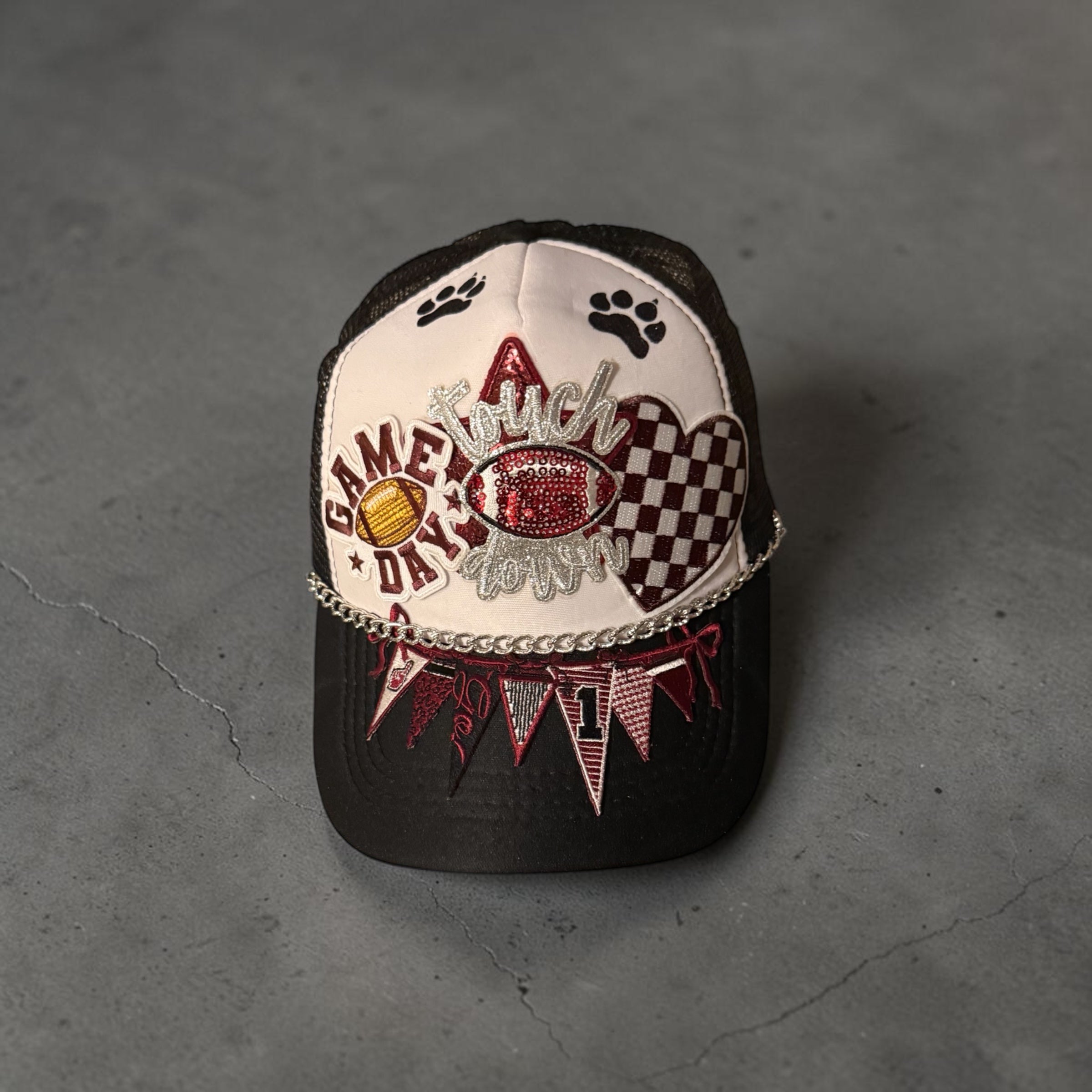 Black/White Trucker Hat with Maroon Football