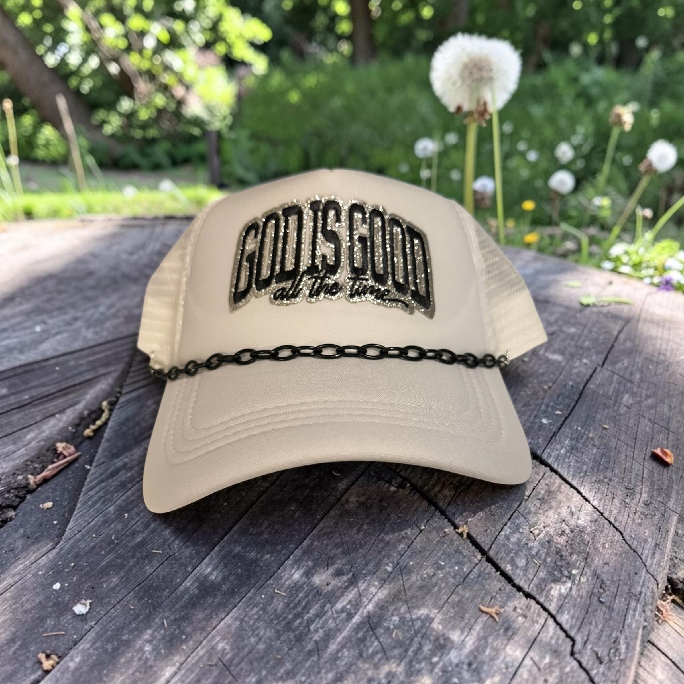 White Trucker Hat with Black God is Good and black chain