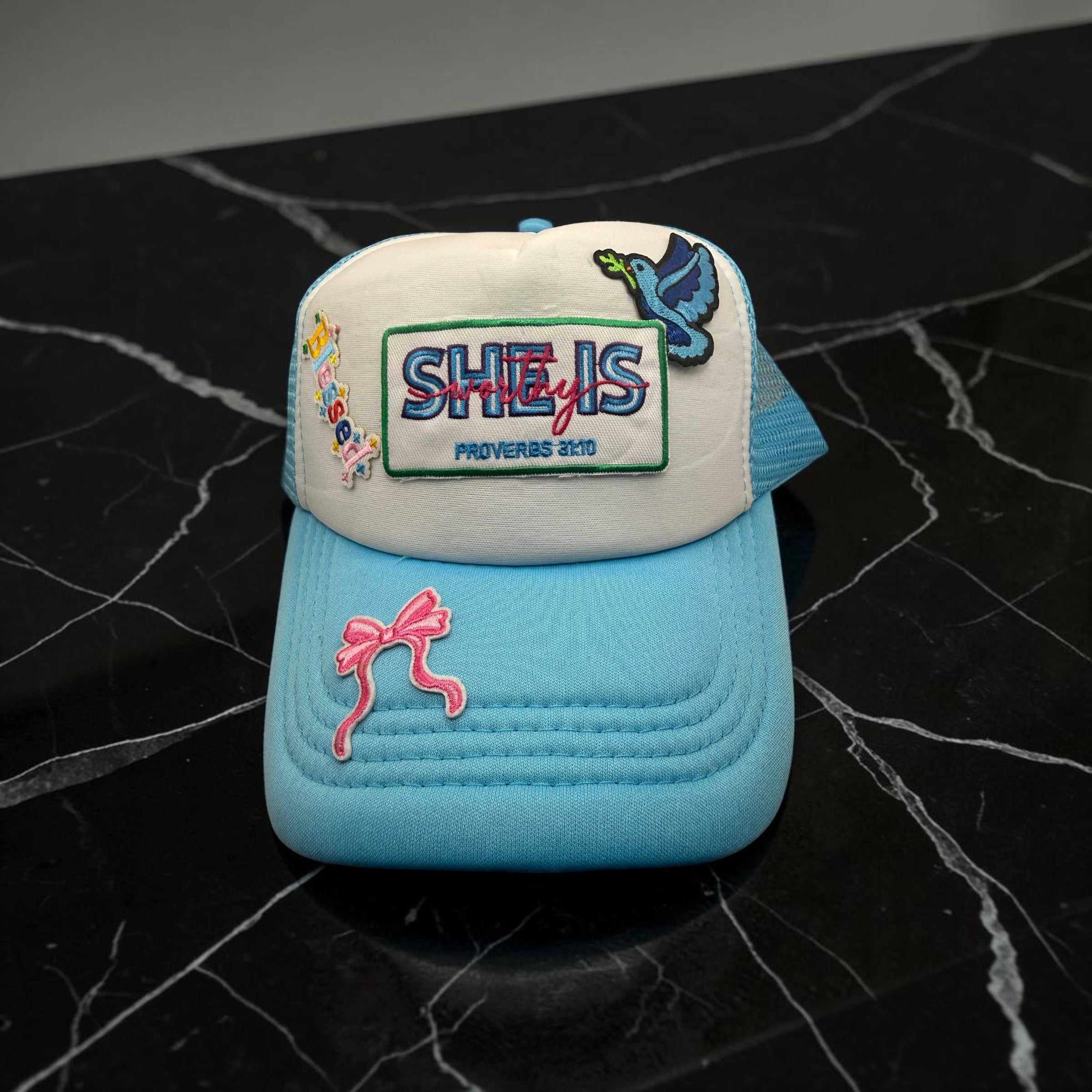 Light Blue/White She Is Worthy Trucker Hat