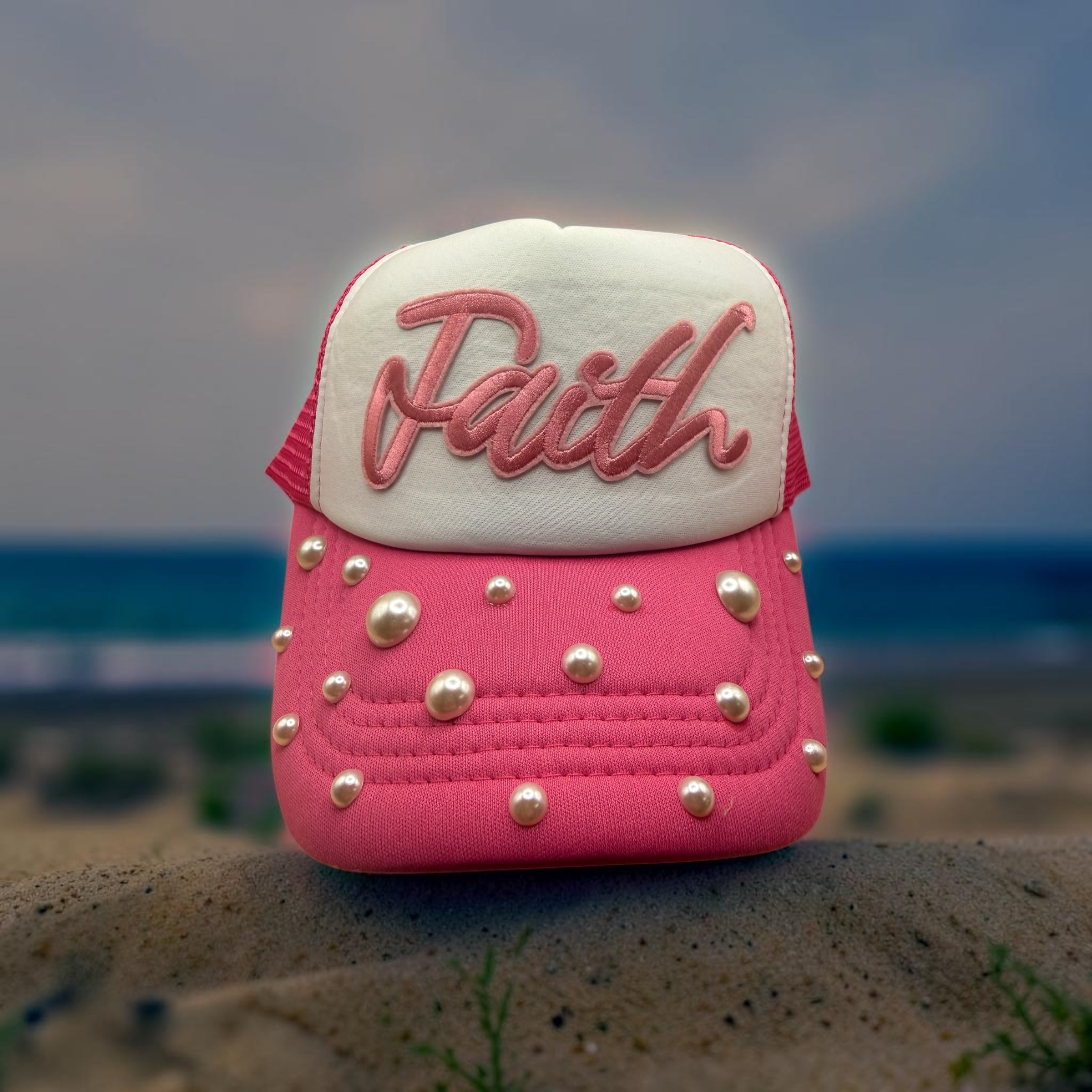 Pink/White Faith Trucker Hat With Pearls