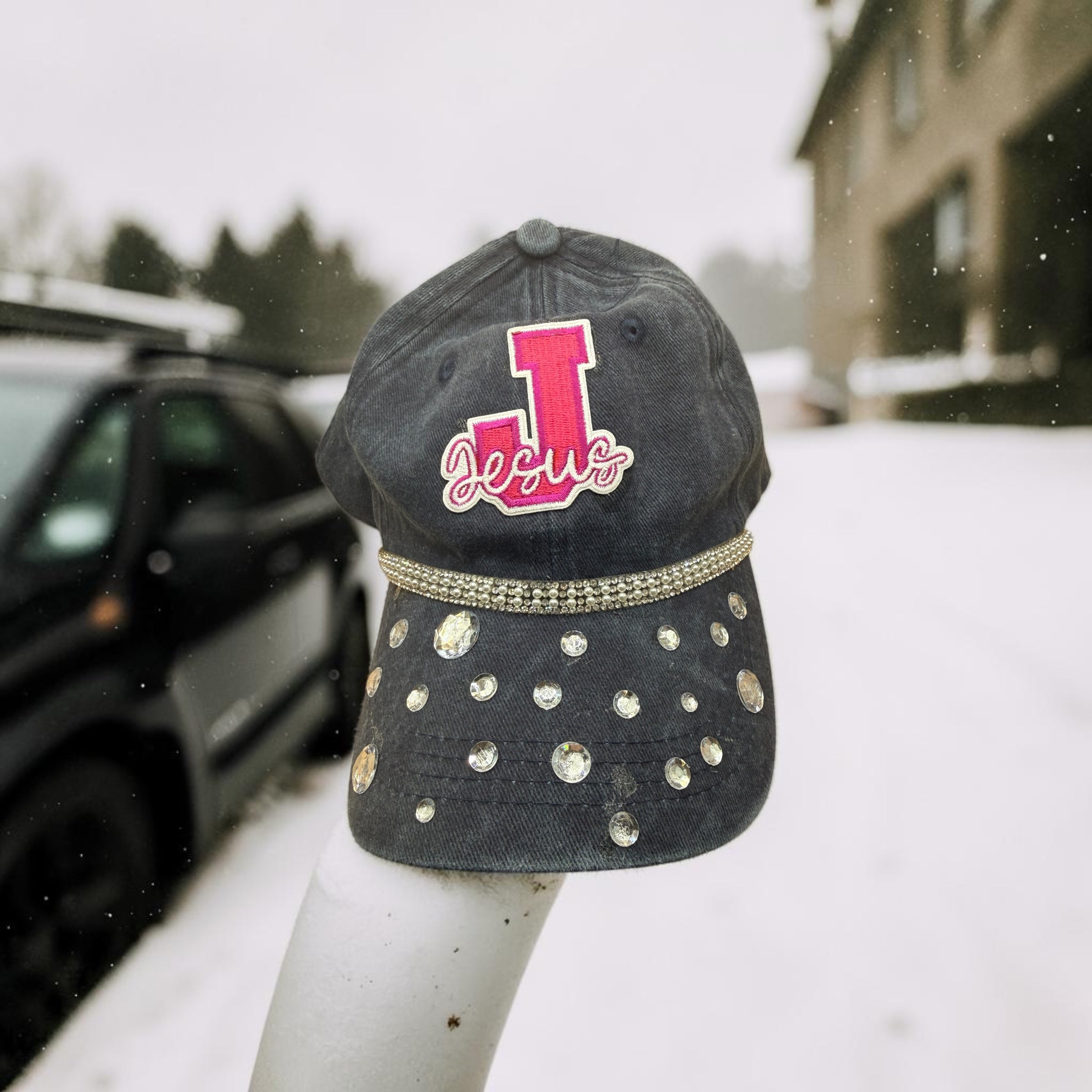 Gray Jesus Baseball Hat with crystals