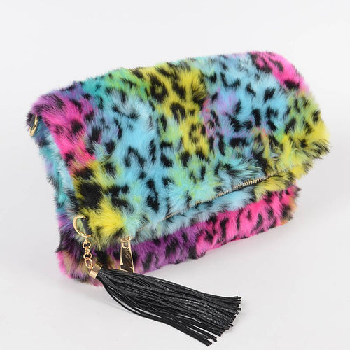 HANDBAG-Multi Leopard Faux Fur Folded Clutch