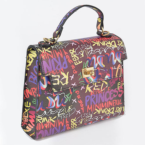 HANDBAG-Graffiti Faux Leather Crossbody Bag